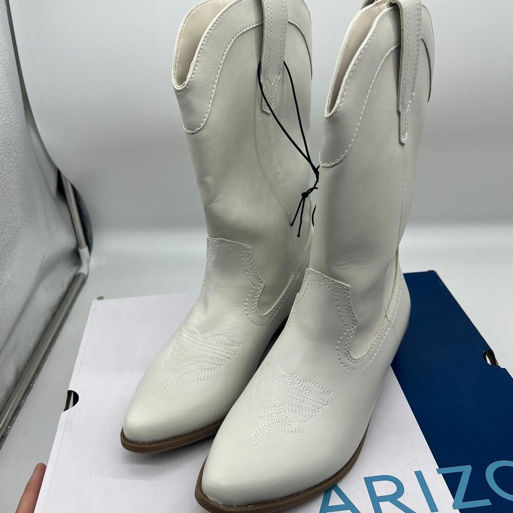 Arizona Jean Co Womens Maybrook Block Heel Cowboy Boots Cream Size 7.5M